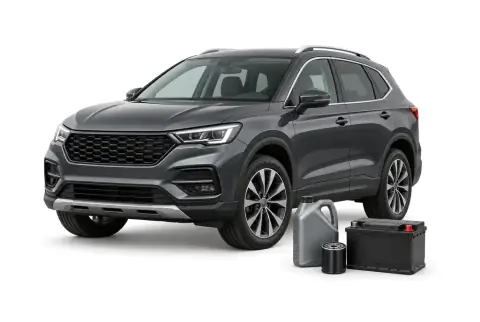 An SUV with engine oil, a filter and a battery